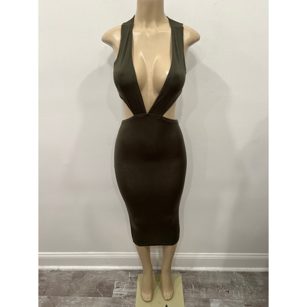 Better Be Dress Olive Green Deep V-Neck Cutout Bodycon Midi Dress D10967 Small